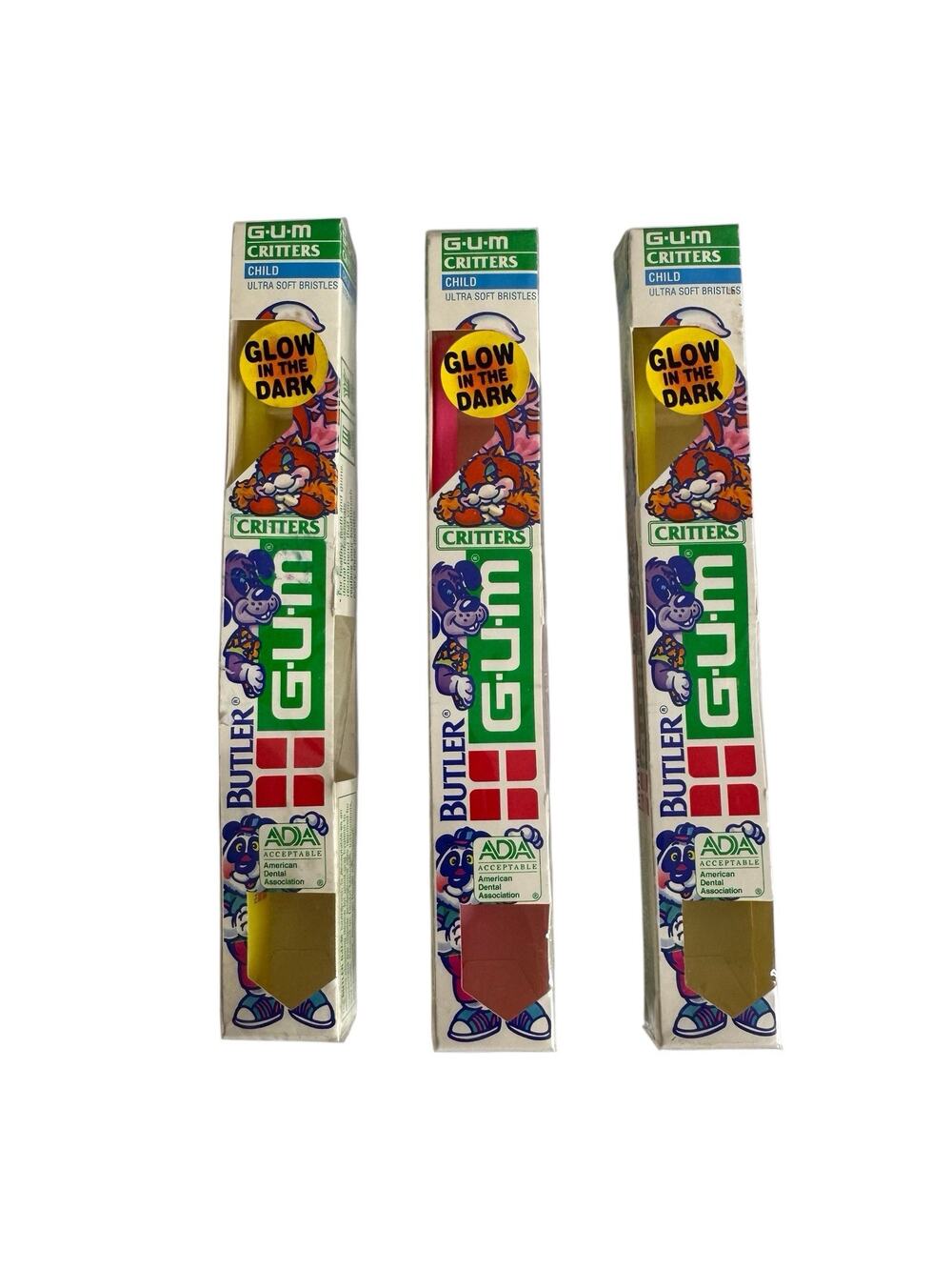 Butler GUM Critters Child Ultra Soft Toothbrush Glow In Dark USA Lot of 3 VTG